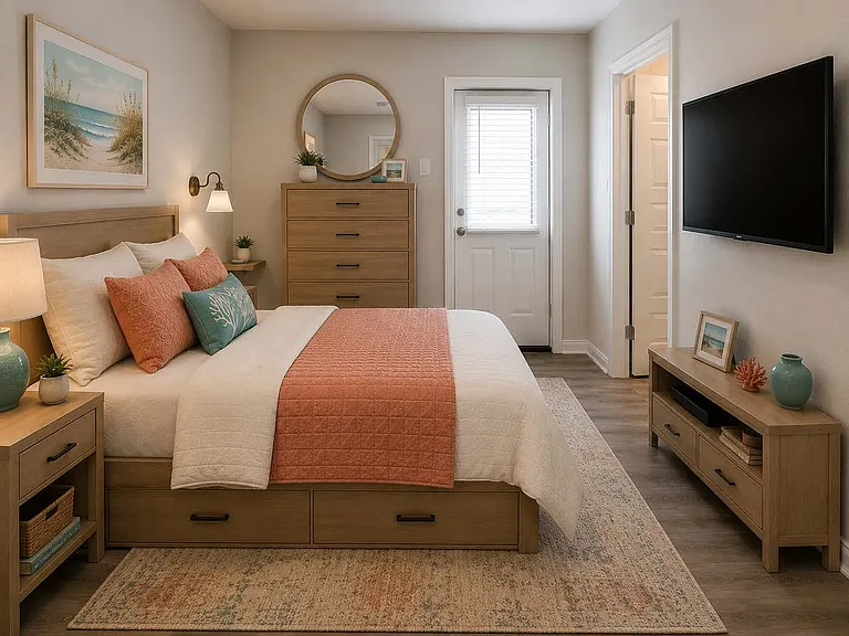 2 Bdrm /2 Bath master bedroom with queen bed set and private exterior door