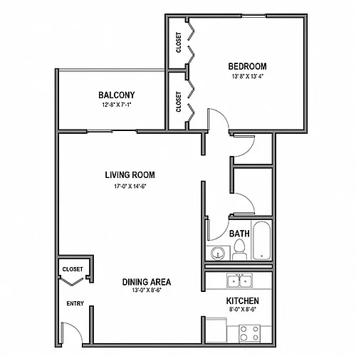 Floor plan Large 1 Bedroom, 1 Bath