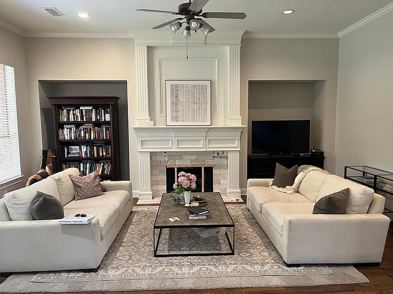 Downstairs family room with fireplace