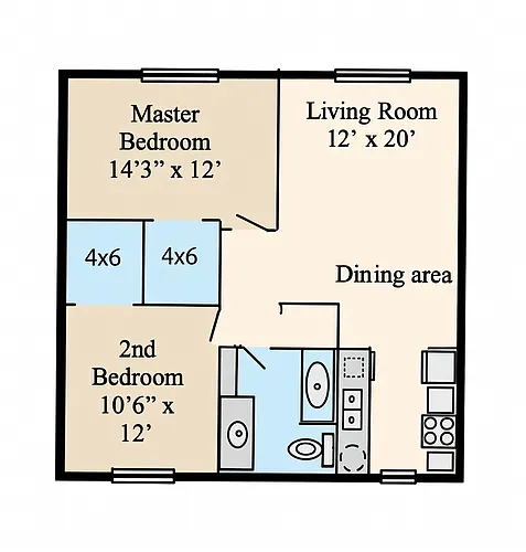 Floor plan 2 BDR 1 BA