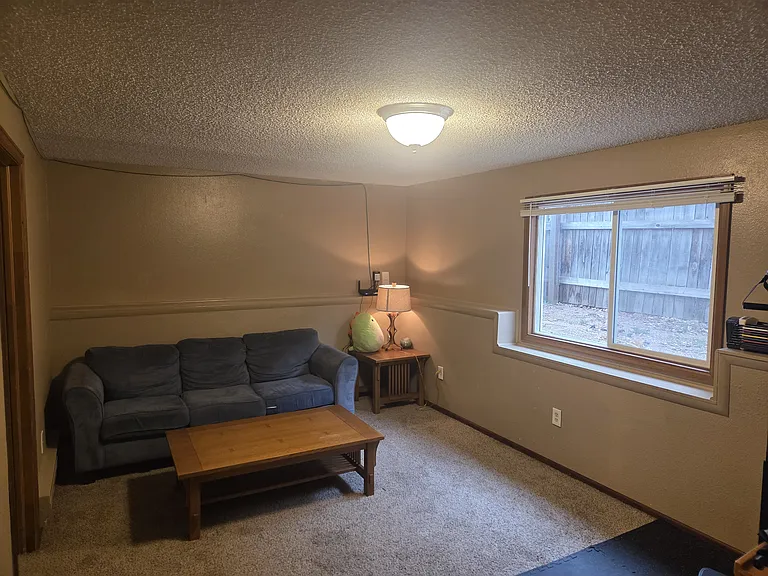 Lower level living space with furniture- optional to keep this couch, coffee table, end table and lamp for your use.
