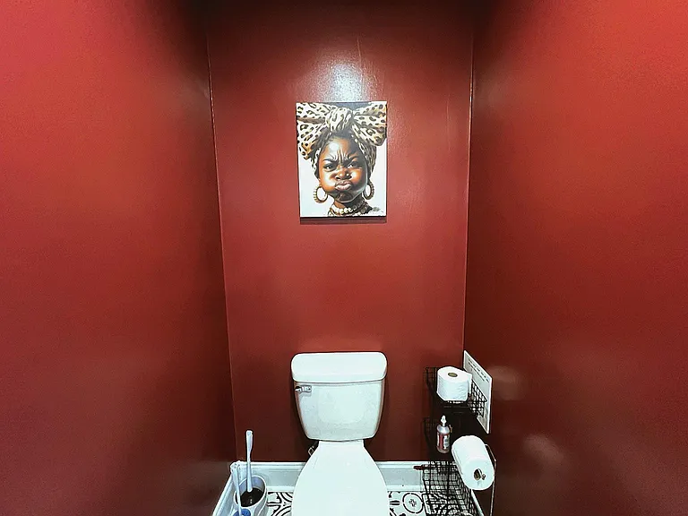 Compact half-bath with bold painted walls, toilet area storage, and easy-to-clean flooring for everyday convenience.