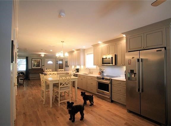 Chef's kitchen with quartz counters, modren fixtures, SS appliances, & wood floors