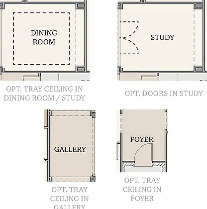 Various options for tray ceilings at the foyer, gallery and dining rooms, or french doors to the stu