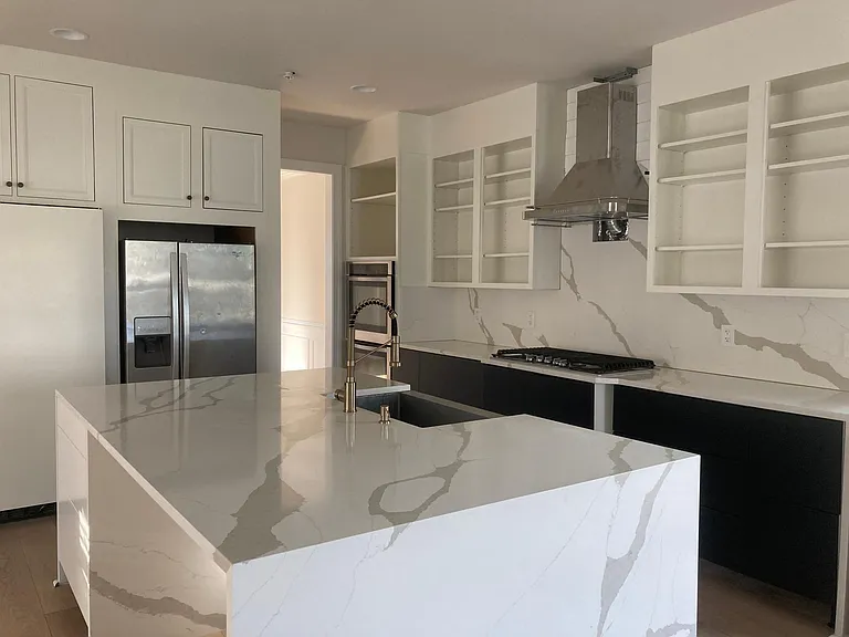 Quartz countertop with waterfall