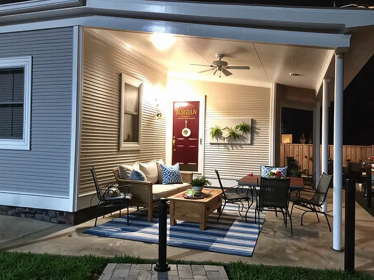 Patio and parking area