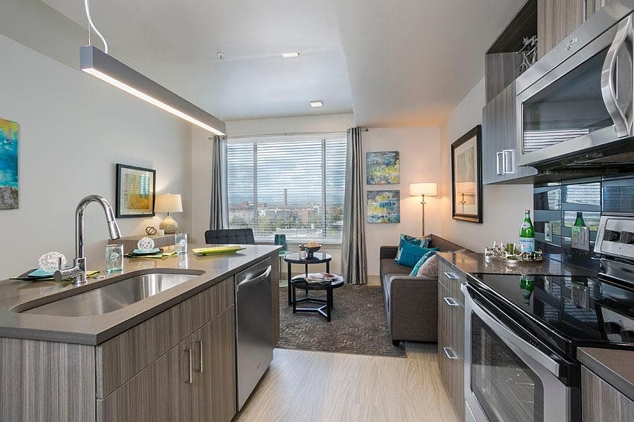 Open layout kitchen and living room with kitchen island