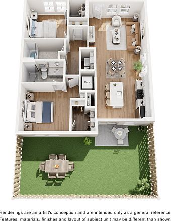Bright 3D floor plan showcasing two cozy bedrooms, open living-dining area, modern kitchen, and lush private garden space. Bright 3D floor plan showcasing two cozy bedrooms, open living-dining area, modern kitchen, and lush private garden space.