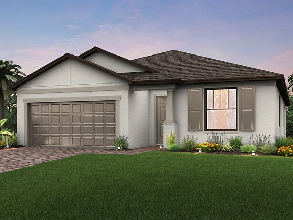 The Oasis, a single-story home with a 2 car garage, shown with Home Exterior C2B.