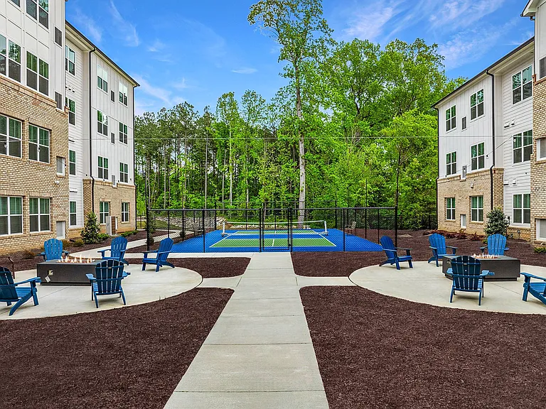 Active Adult birds eye view of courtyard and pickleball courts