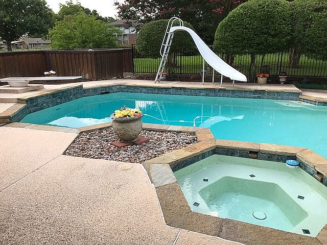 Dive board, slide, hot tube 