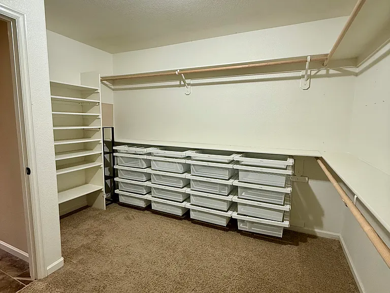 walk-in closet with elfa drawers to sort clothes