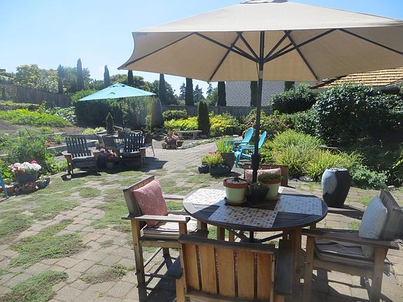 View of patio and back yard from dining room french doors