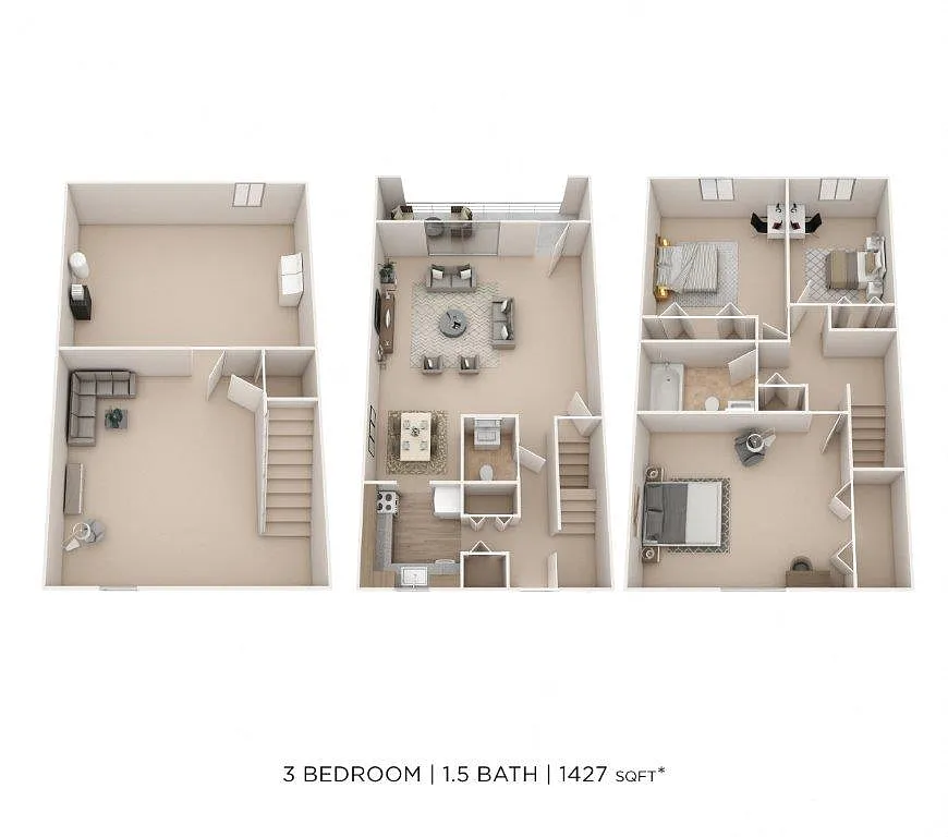 Floor plan Three Bedroom 1.5 Bath Townhome - 1,427 sqft