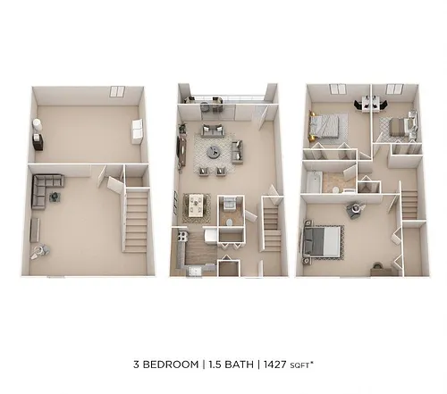 Floor plan Three Bedroom 1.5 Bath Townhome - 1,427 sqft