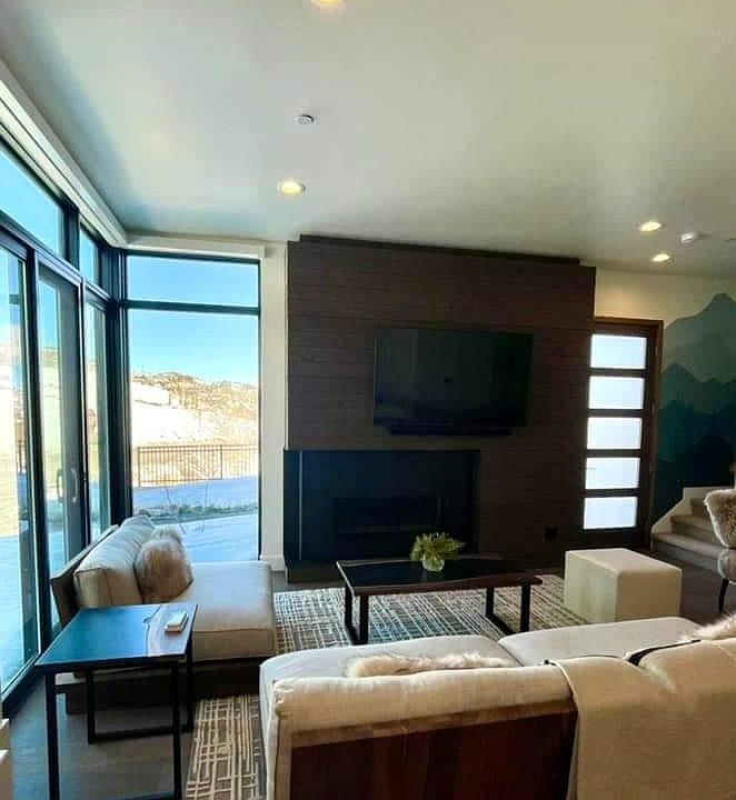 living room and gas fireplace