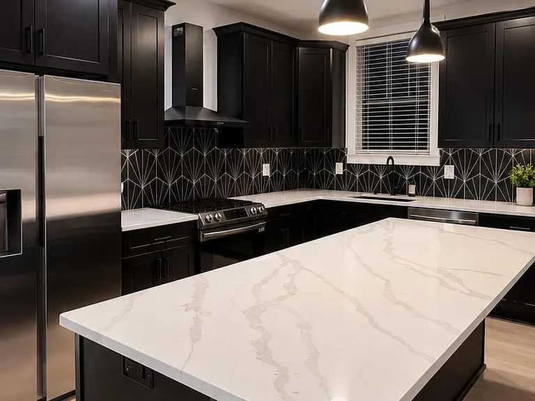 Kitchen with large quartz island, black cabinetry, stainless appliances, and windowed sink for daily meal prep.