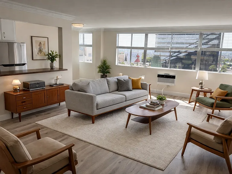 Spacious living area with classic crown molding accents
