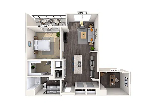 Floor plan Traditional 1x1 929 SF