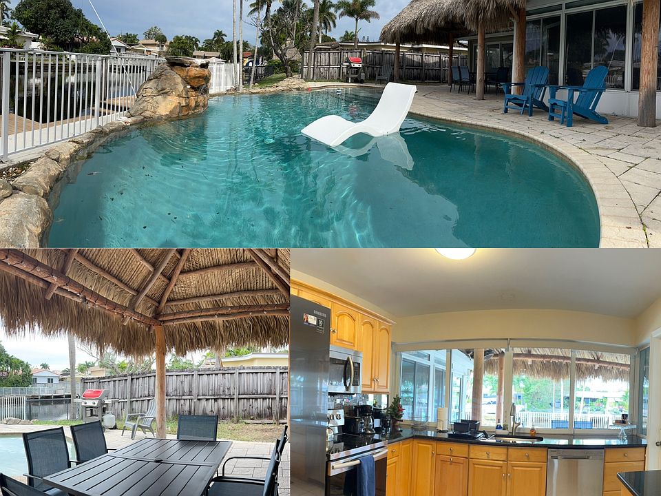 Collage with pool, back patio and kitchen