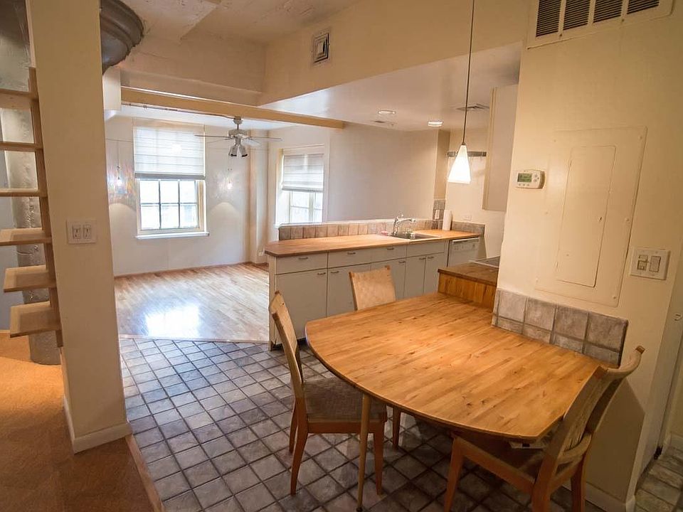 View from the front door, showing the built-in dining table