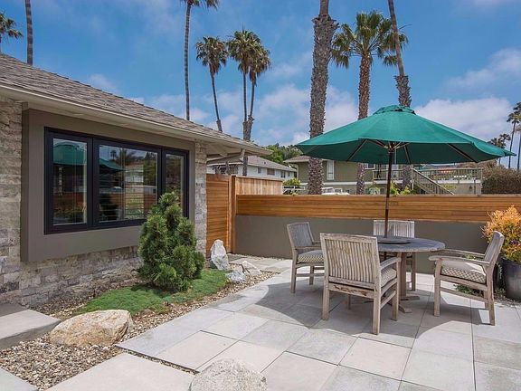 Private front courtyard. Exterior wall by front door enhanced with stone