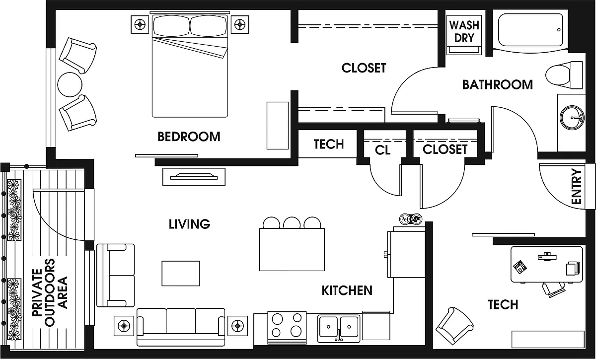 Floor plan 1 Bed/1 Bath Den ARCH-B1-2