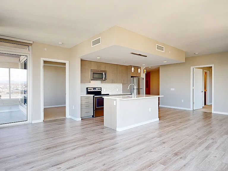 Apartment kitchen with stainless steel appliances, dining and living room with wood-style flooring.