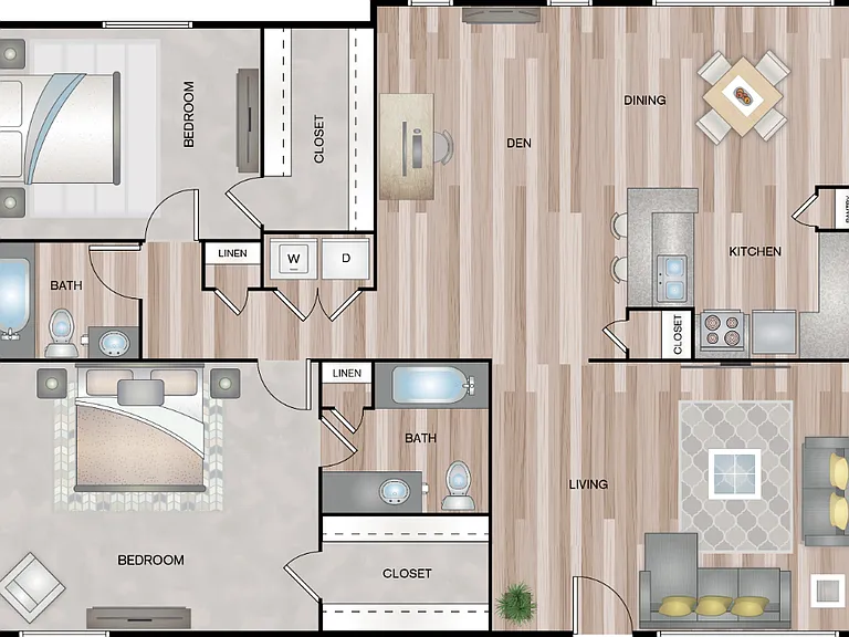 2 BEDROOMS 2 BATHS + DEN 1500 SQFT