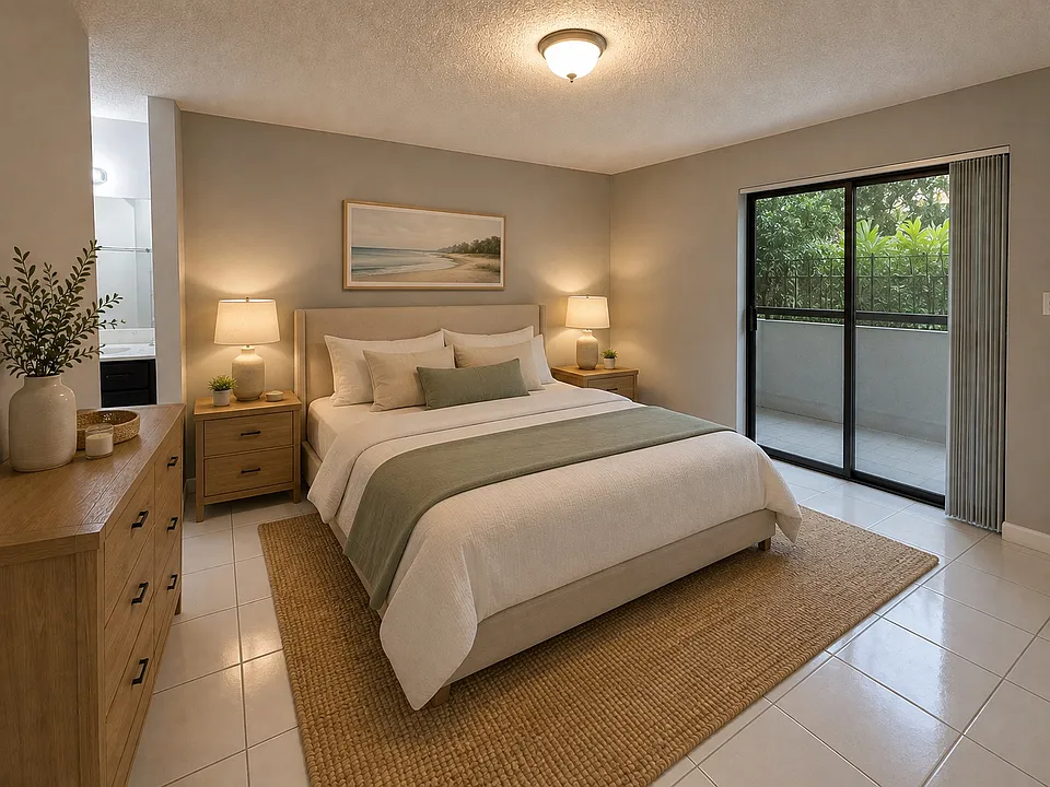 Staged with AI. Master Bedroom.