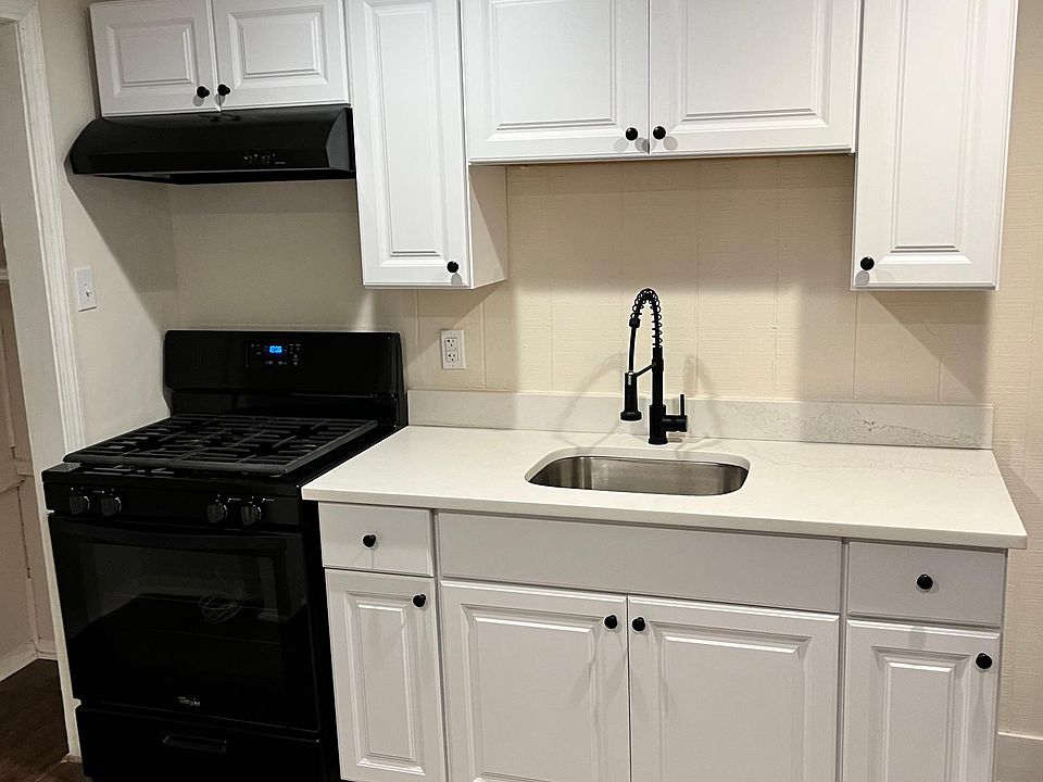 Kitchen sink, stove, and range hood.
