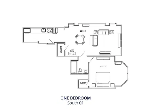Floor plan One Bedroom One Bath South 01
