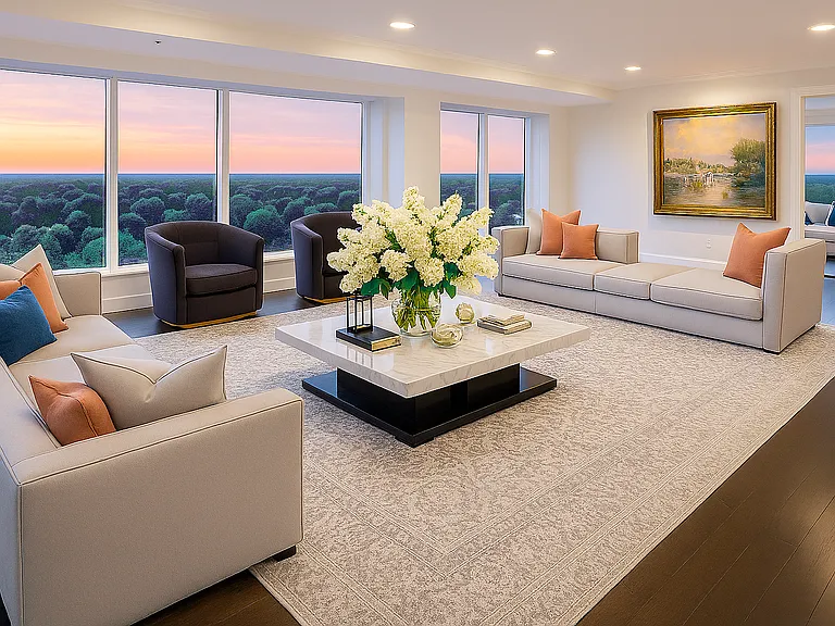 FABULOUS, DRAMATIC SUNRISE VIEWS FROM 27 FT OF FLOOR TO CEILING WINDOWS TO THE DETROIT SKYLINE AND CANADA