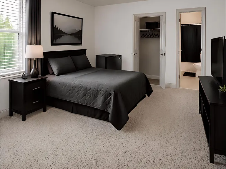 Furnished bedroom with a queen bed, nightstand, window treatments, TV, mini fridge, and a closet with nearby bath access.