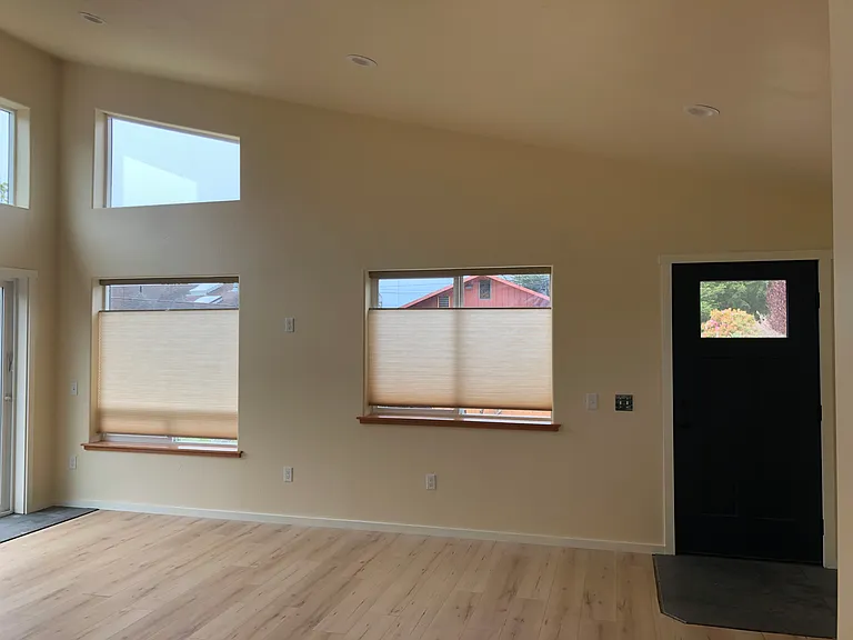 The living area with blinds.