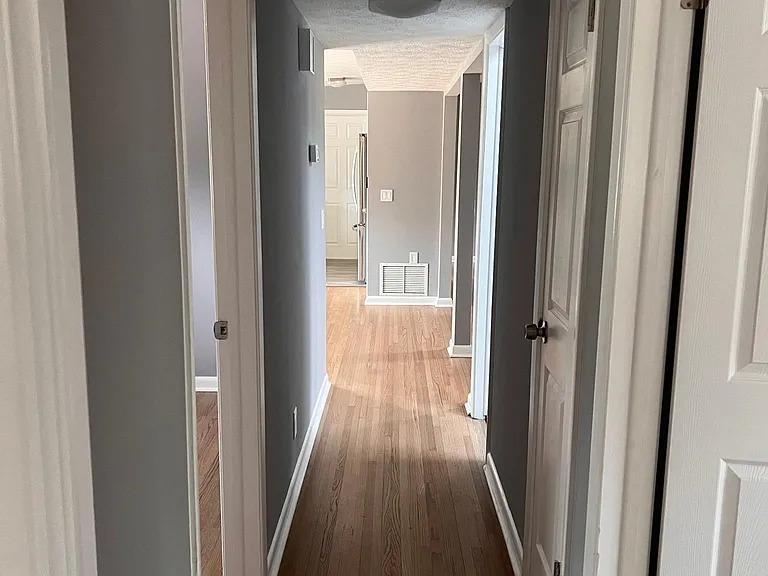 The hallway leading from bedrooms int kitchen and living rooms