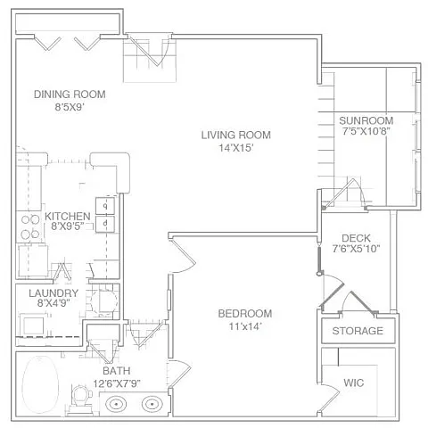 Floor plan One Bed One Bath with Patio/Sunroom-Renovated