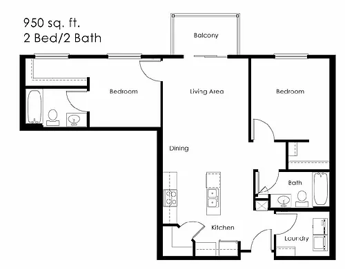 Floor plan 2 Bed 2 Bath | 950 sqft
