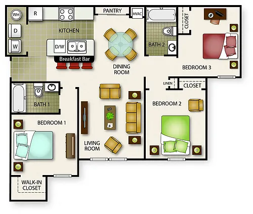 Floor plan Three Bedroom Two Bath