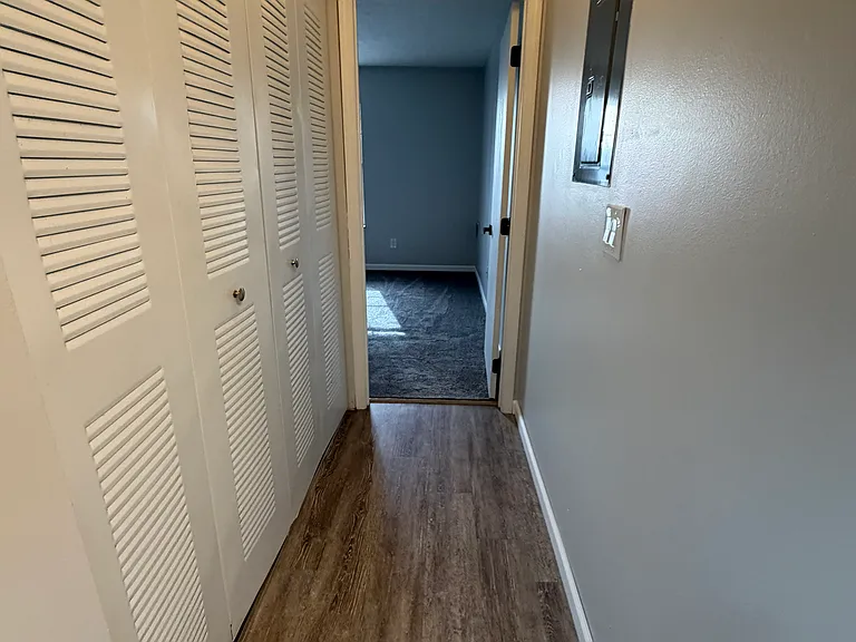 Hallway, washer and dryer is behind doors on left.