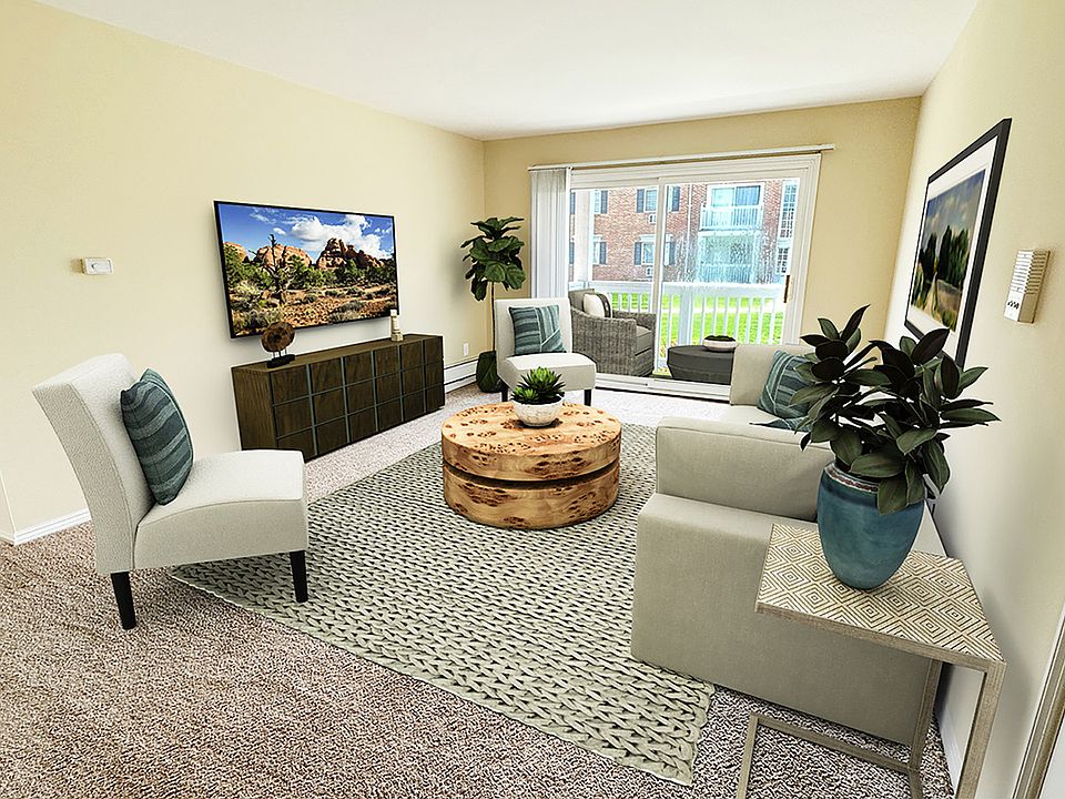 A cheerful setting for gathering in your luxe living room with a large door wall leading to a private patio or balcony. Life is good at this Royal Oak apartment community in such a nice neighborhood.