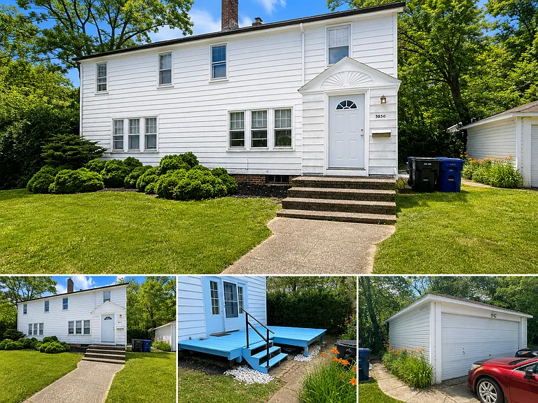 Exterior of Unit pictured. Deck attached to side of home your personal entrance. Photo of detached two car garage and driveway. Deck repainted in 2026. Tenant receives 1/2 of garage and driveway closet to your entrance.