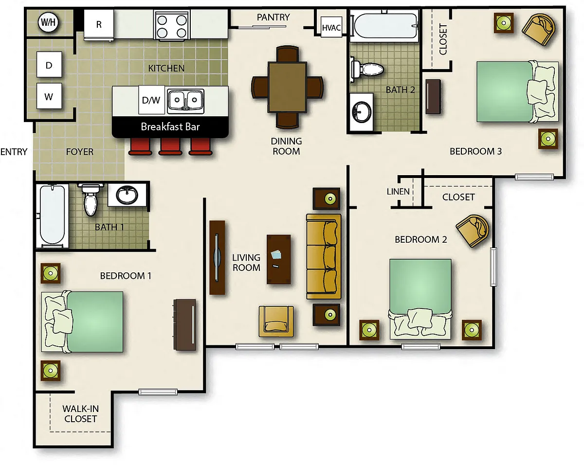 Floor plan Three Bedroom Two Bath (b)