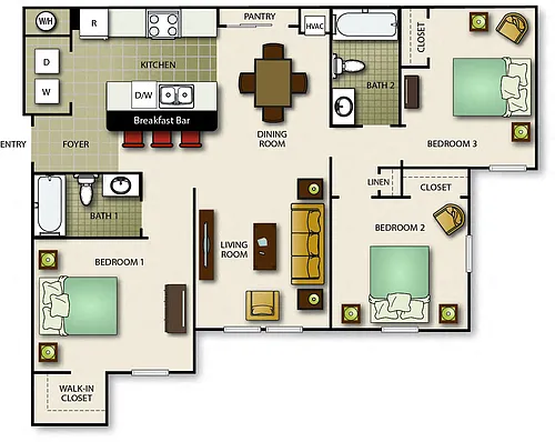 Floor plan Three Bedroom Two Bath (b)