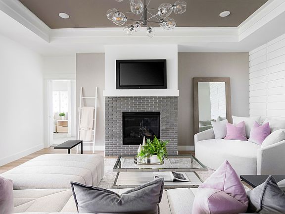 Gathering Room with Tray Ceiling and Transitional Fireplace