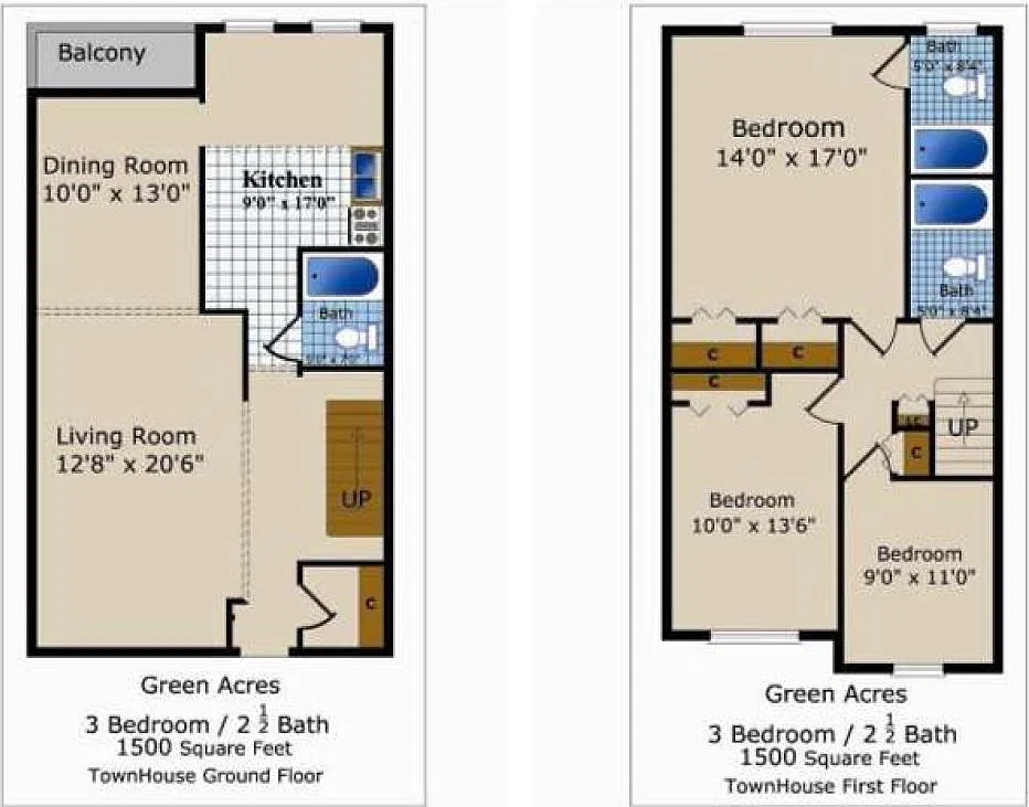 Floor plan Three Bedroom Two Bath TH