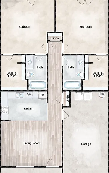 2 Bed 2 Bath Floorplan Diagram