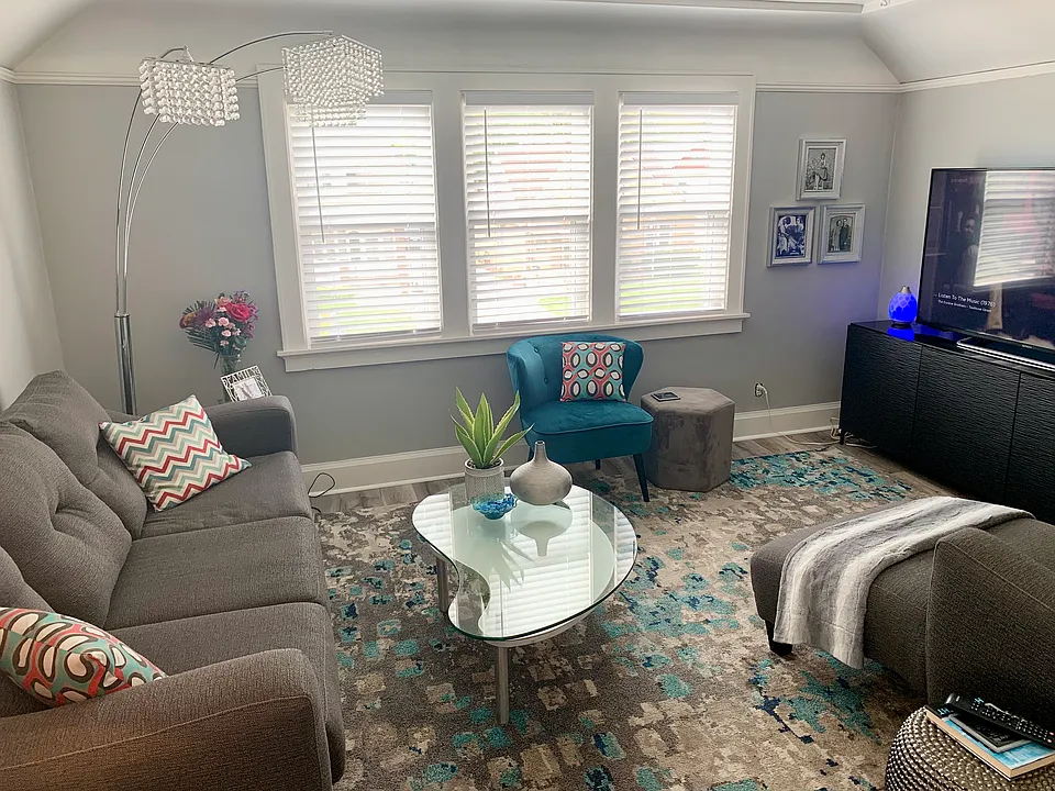 Living space with large picture window.