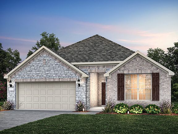 Exterior D with stone and brick, wood shutters, and 2-car garage