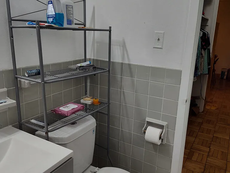 View from bathroom door shows edge of closet leading to main room.